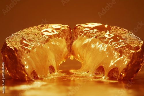 Obraz na płótnie Melted cheese drizzling from a freshly baked bread roll in warm golden light w salonie