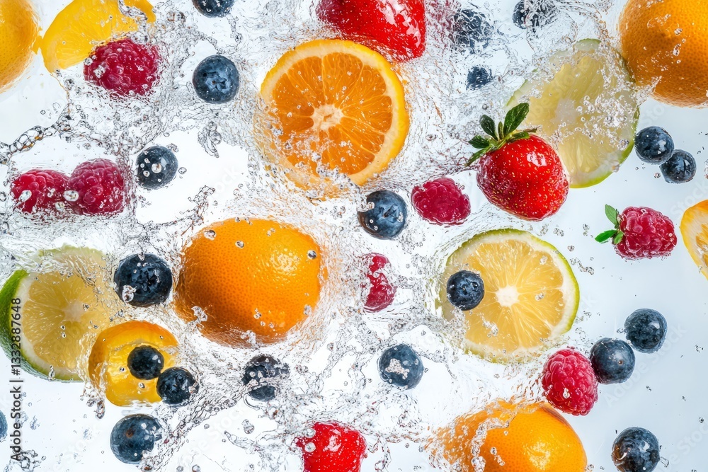 Splashing fruit in clear water creates a vibrant and refreshing display of colors and textures during a sunny afternoon