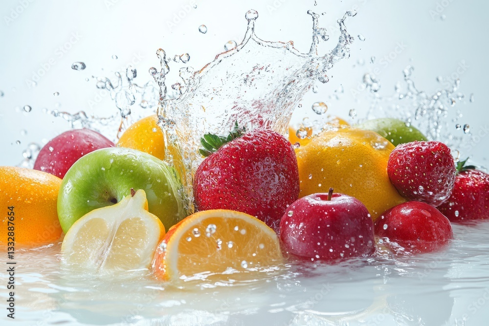 Fresh fruits create vibrant splashes in water during a lively summer afternoon adventure