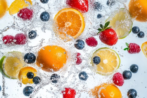 Splashing fruit in clear water creates a vibrant and refreshing display of colors and textures during a sunny afternoon