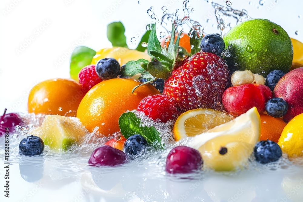 Fresh fruits splash in crystal-clear water, showcasing vibrant colors and textures during a sunny day