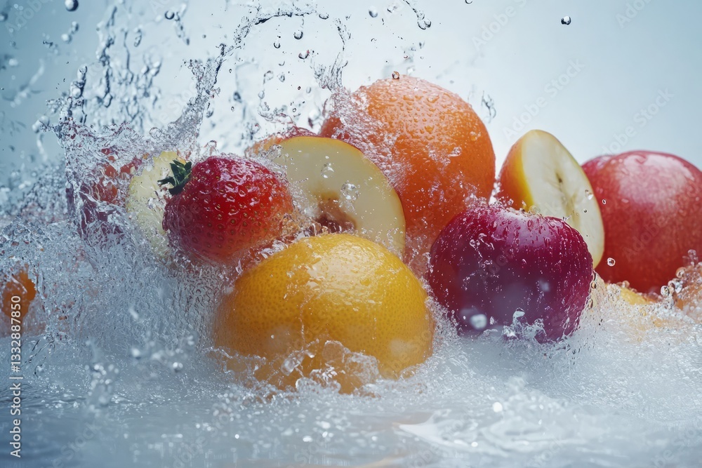 Fresh fruit splashing in water showcases vibrant colors and textures for a refreshing scene
