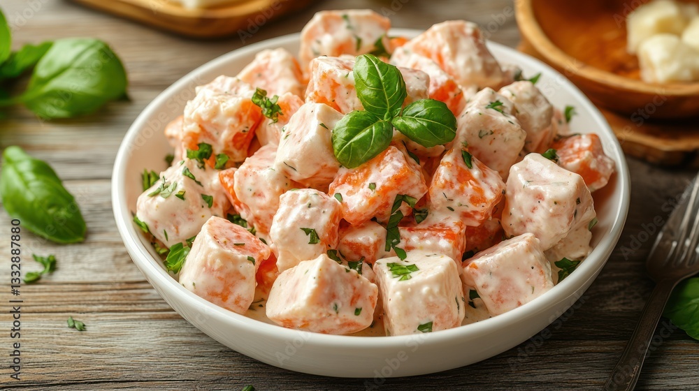 Creamy, cubed sweet potato salad, garnished with fresh herbs Creamy, cubed sweet potato salad, garnished with fresh herbs