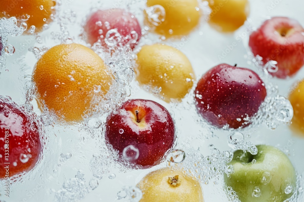 Fresh fruits submerged in water create a vibrant and refreshing atmosphere in a clear bowl during a sunny afternoon