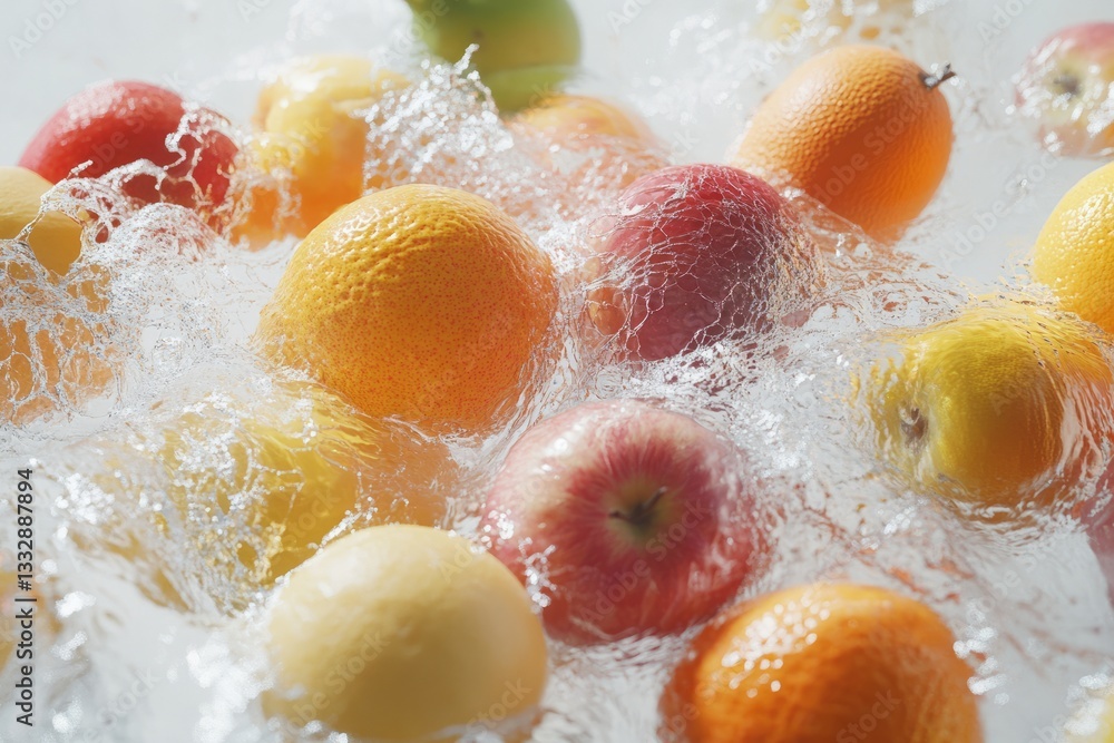 Vibrant fruits submerged in bubbling water against a light background