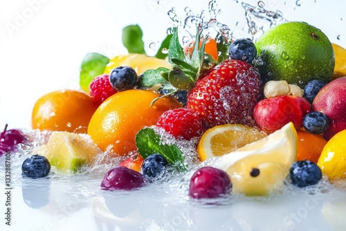 Obraz na płótnie Fresh fruits splash in crystal-clear water, showcasing vibrant colors and textures during a sunny day w salonie