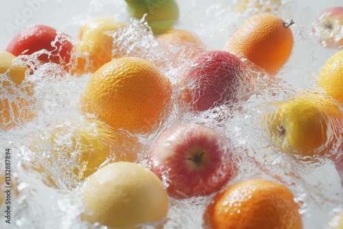 Obraz na płótnie Vibrant fruits submerged in bubbling water against a light background w salonie