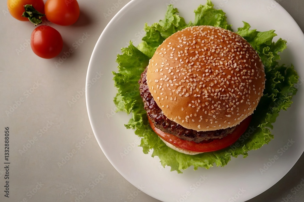 Juicy hamburger with lettuce and tomato on a white plate alongside fresh cherry tomatoes