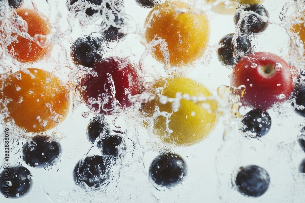 Fresh fruit splashing in water showcasing vibrant colors and textures during a summer day
