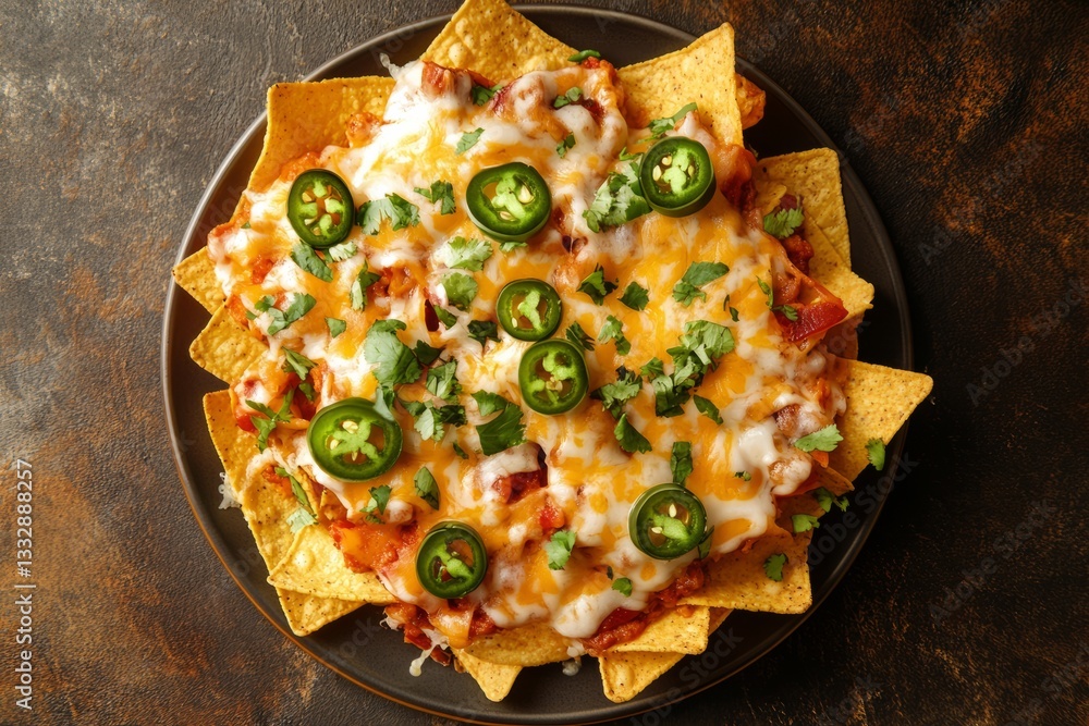 Delicious nachos topped with melted cheese, jalapenos, and fresh herbs on a dark wooden table