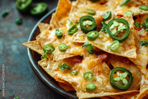 Obraz na płótnie Delicious nachos topped with melted cheese and jalapenos served in a bowl on a rustic table w salonie