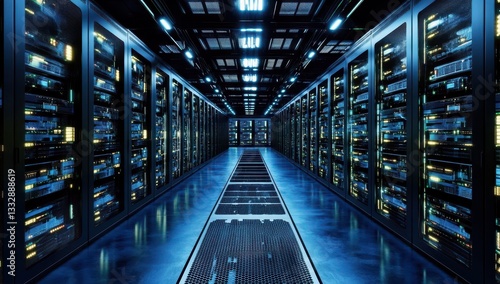 High-tech computers in organized rows create a dynamic atmosphere.