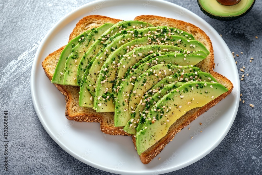 Delicious avocado toast topped with sesame seeds served on a white plate