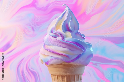 Soft serve ice cream with colorful swirls served in a waffle cone against a vibrant, abstract backdrop