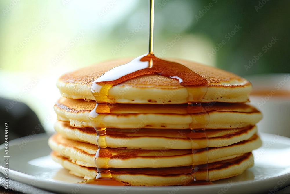 Stack of golden pancakes drizzled with syrup on a plate near a blurred background