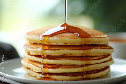 Obraz na płótnie Stack of golden pancakes drizzled with syrup on a plate near a blurred background w salonie