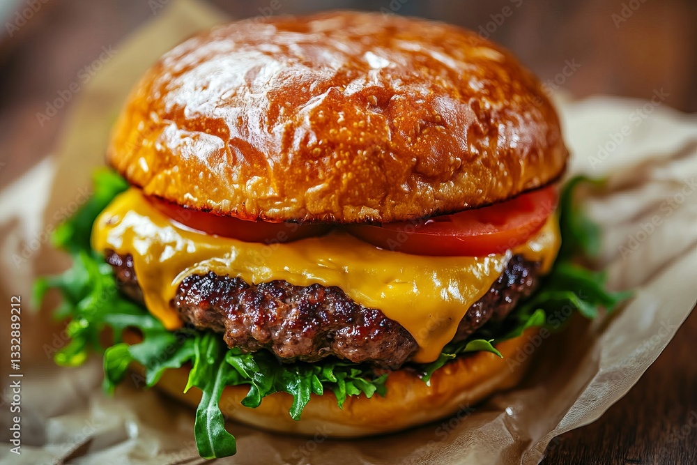 Juicy cheeseburger topped with fresh lettuce and tomato placed on a rustic wooden table during a casual dining experience