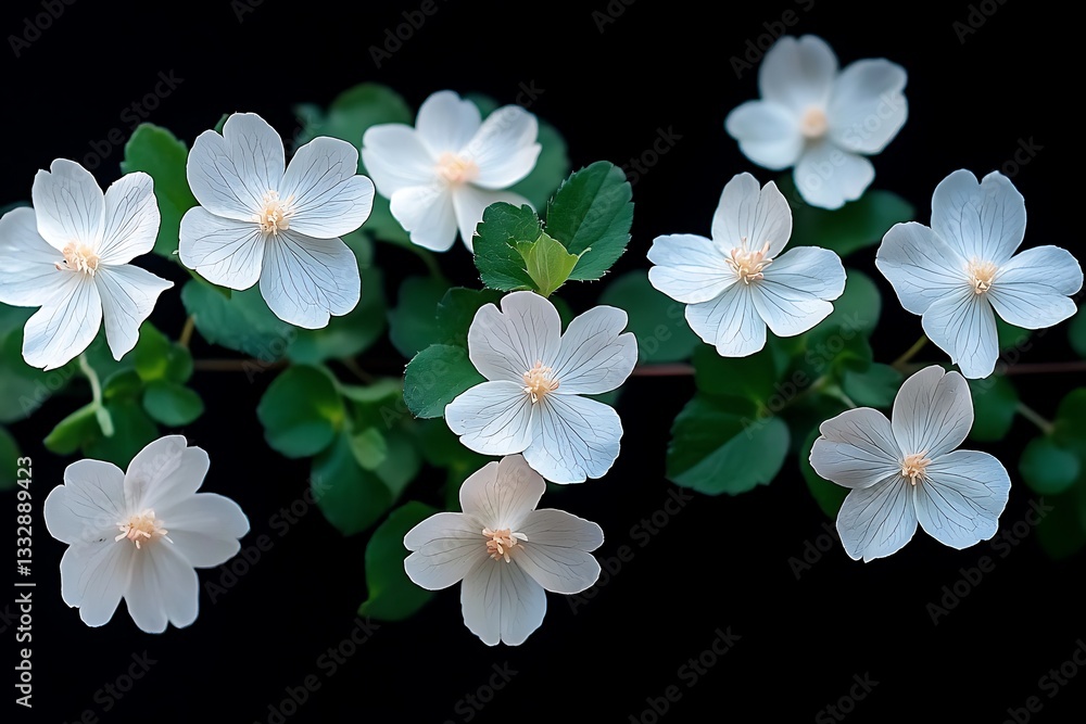 Fototapeta premium Beautiful white flowers bloom against a dark black background for effect