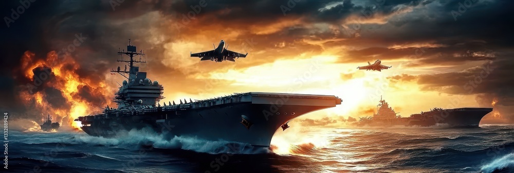 Military aircraft carrier conducts special operation with fighter jets.