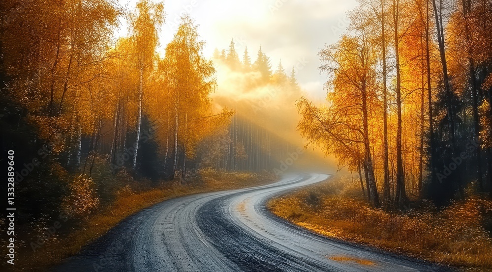 Serene autumn forest road on a sunny morning.