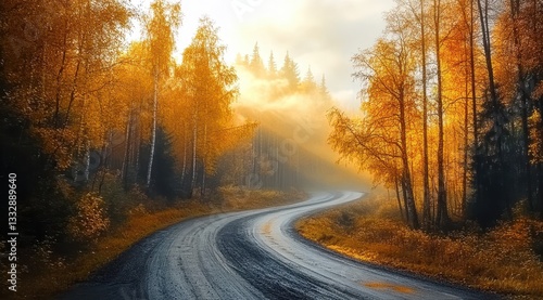Obraz na płótnie Serene autumn forest road on a sunny morning. w salonie