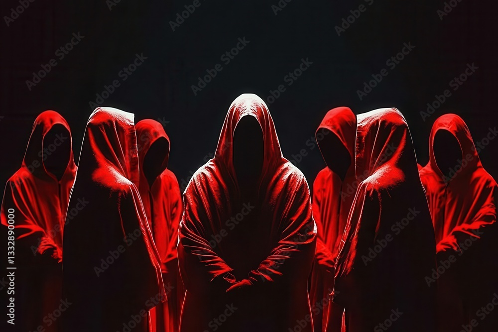 Cultists gather shrouded in mystery under a blood-red theme.