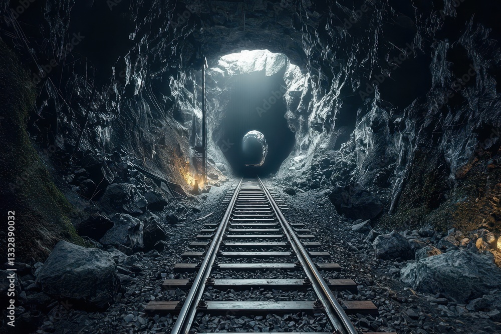 Explore the depths of a desolate coal mine with rusted trolley tracks.