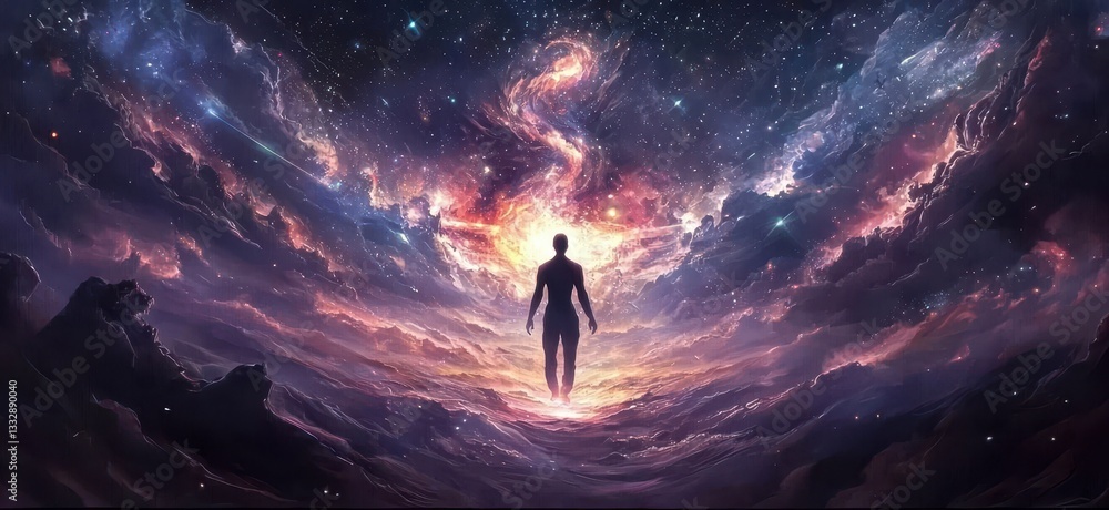 A human silhouette meditating in the cosmos.