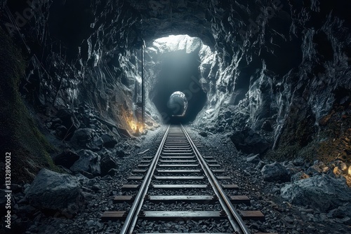 Obraz na płótnie Explore the depths of a desolate coal mine with rusted trolley tracks. w salonie