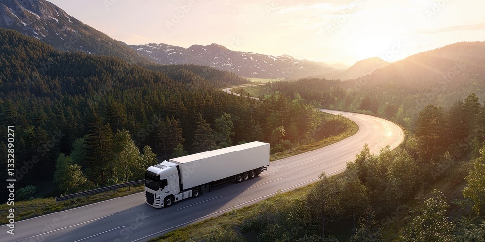 A white truck travels along a winding highway through a lush forest.