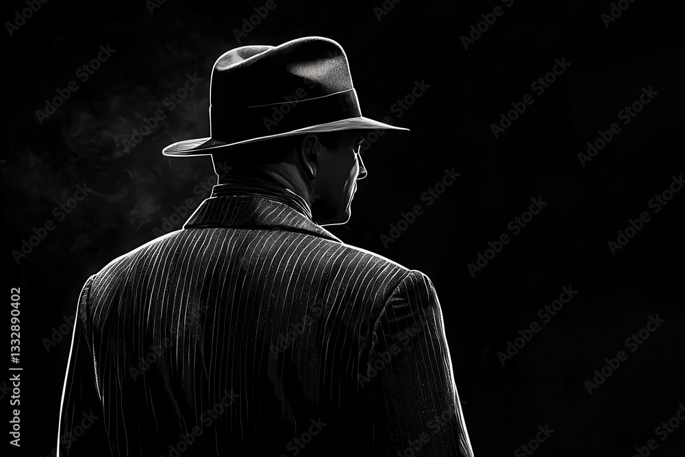 Classic detective in a fedora hat captured in black and white.