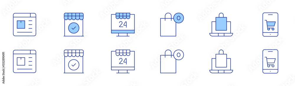 E-commerce icon set in two styles, Duotone and Thin Line style. Editable stroke. online order, shop, online shopping, empty cart, online shop, mobile phone