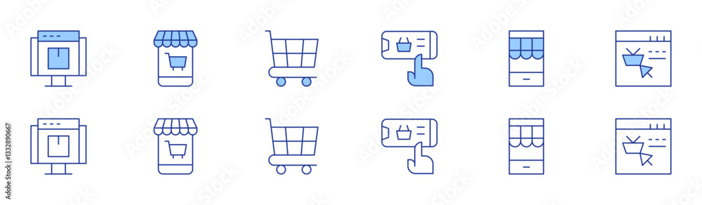 E-commerce icon set in two styles, Duotone and Thin Line style. Editable stroke. online shopping, shopping online, webpage, mobile store, shopping cart E-commerce icon set in two styles, Duotone and Thin Line style. Editable stroke. online shopping, shopping online, webpage, mobile store, shopping cart