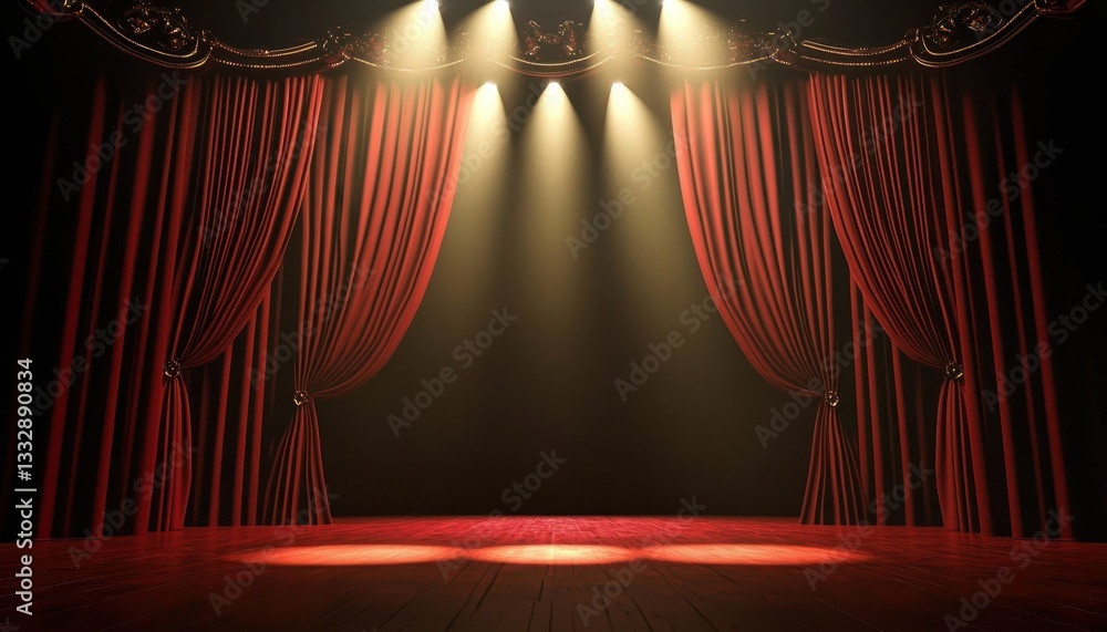 The spotlight shines on the rich fabric of the red curtains in a performance hall.