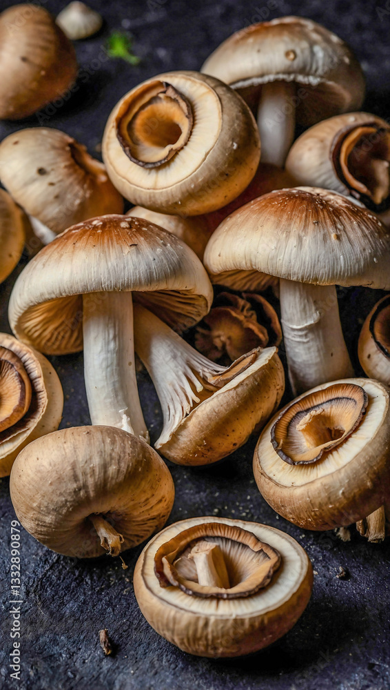 Close-up of sliced champignon mushrooms on dark background Close-up of sliced champignon mushrooms on dark background