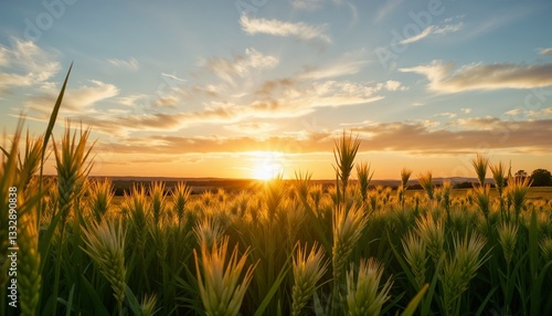 Golden wheat field at sunset with vibrant sky, nature's beauty