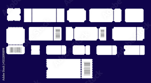 Paper white coupon set. Cinema ticket mockup collection. Blank form for discount.