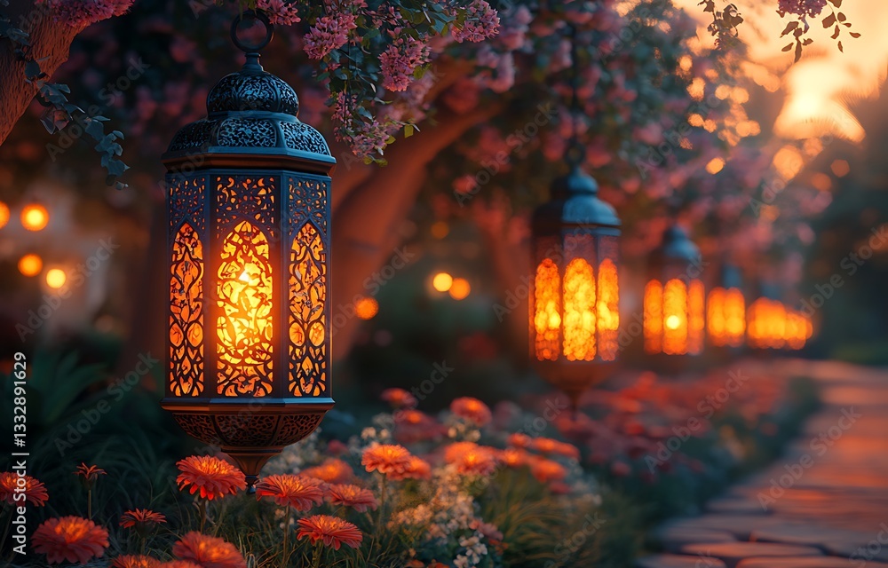 Serene Pathway with Ornate Lanterns Glowing Amidst Flowers and Lush Trees at Sunset
Serene Pathway with Ornate Lanterns Glowing Amidst Flowers and Lush Trees at Sunset