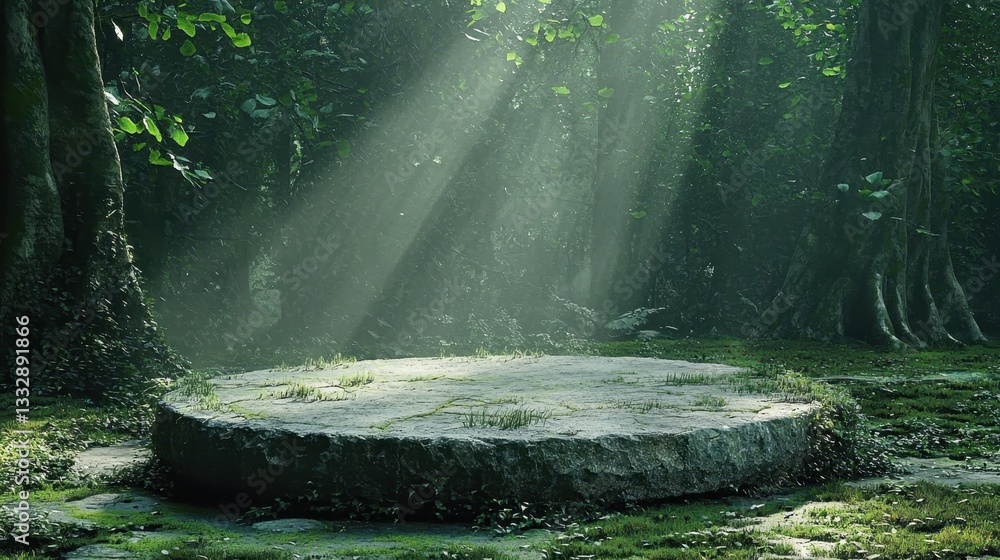 Majestic stone podium set in a serene, otherworldly forest.