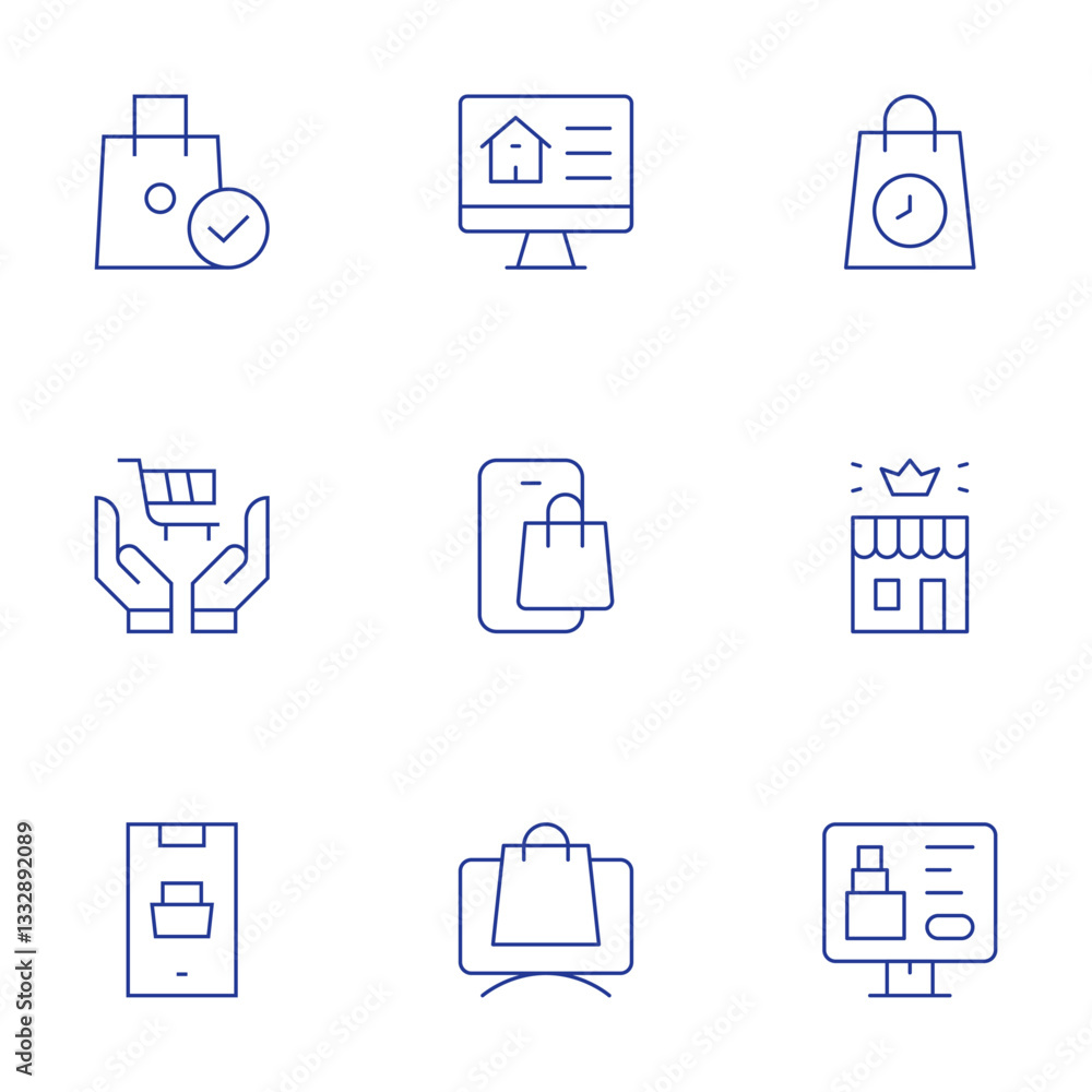 E-commerce icons set. Thin Line style, editable stroke. shopping bag, consumer protection, smartphone, store, vape, ecommerce, online shop E-commerce icons set. Thin Line style, editable stroke. shopping bag, consumer protection, smartphone, store, vape, ecommerce, online shop