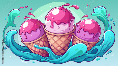 three balls of delicious strawberry ice cream in wafer cone, pink milk splash, generated arificial intelligence