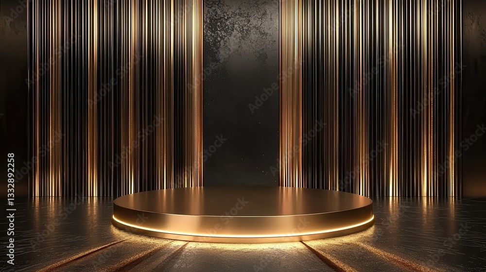 Elegant gold podium stage with a luxurious golden 3D display.