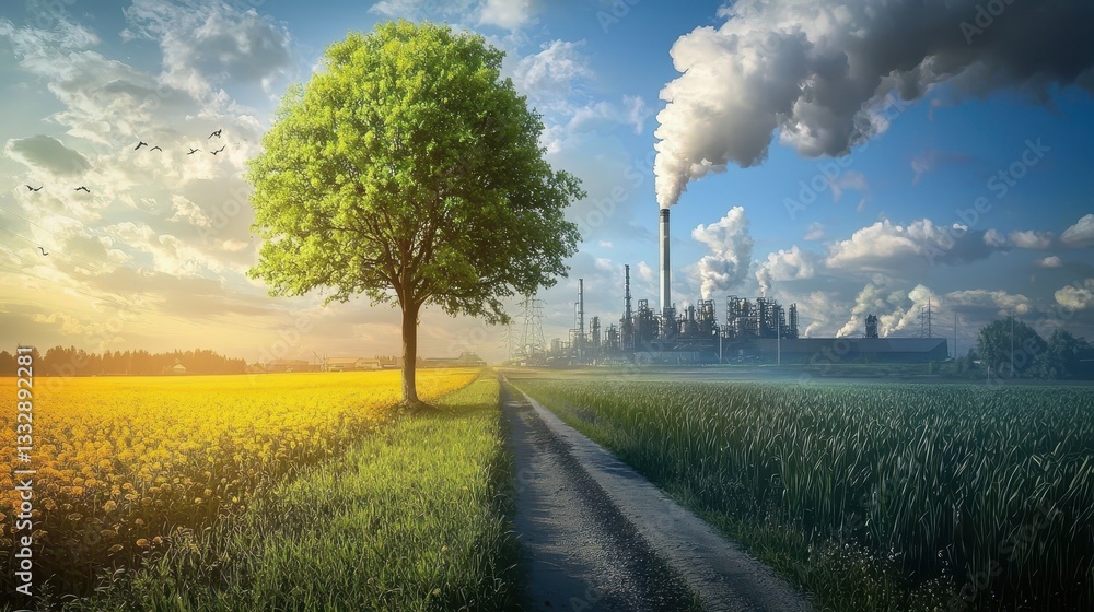 Illustration contrasting a lush green tree and meadow with a factory.