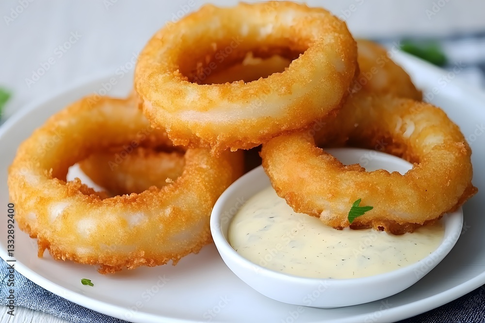Crispy Fried Onion Rings with Creamy Dip Appetizer Food Photography
