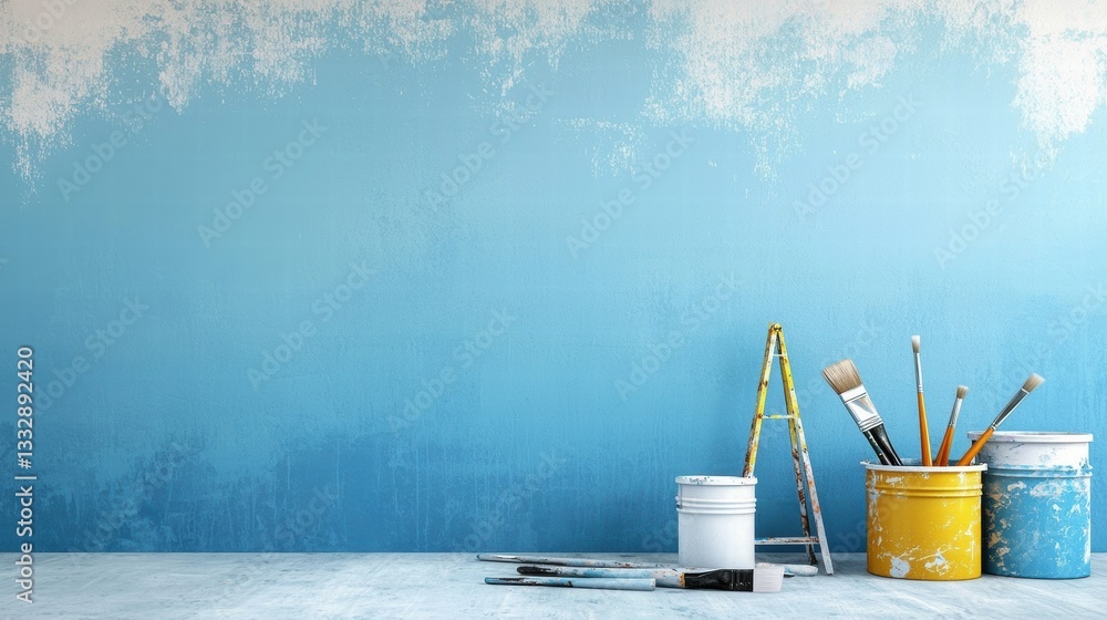 Paint supplies positioned near a striking blue wall.