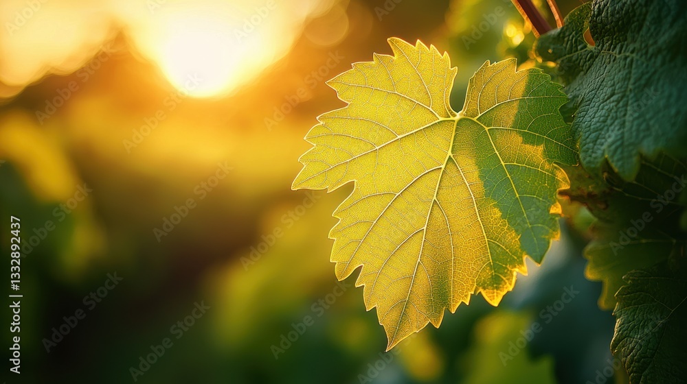Illuminated grape leaf with serene vineyard glow at sunset Illuminated grape leaf with serene vineyard glow at sunset