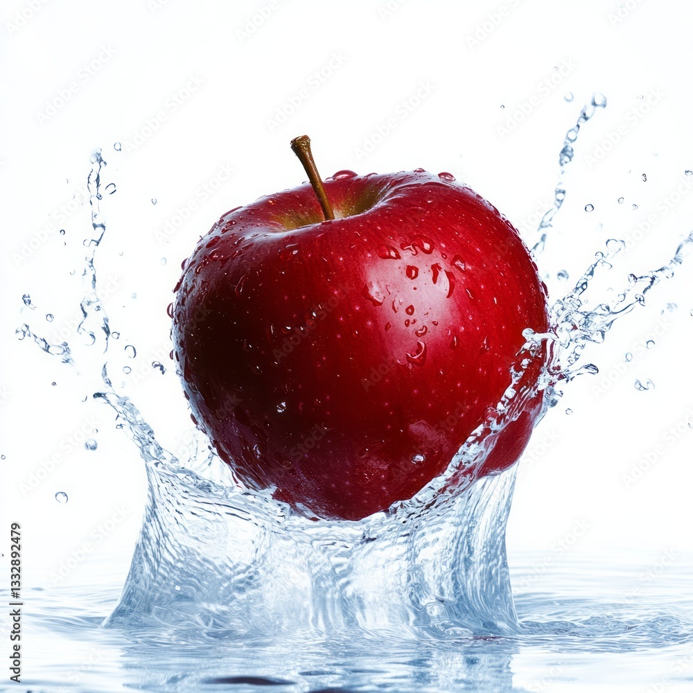 Fresh red apple splashing into water creates vibrant droplets and a refreshing scene