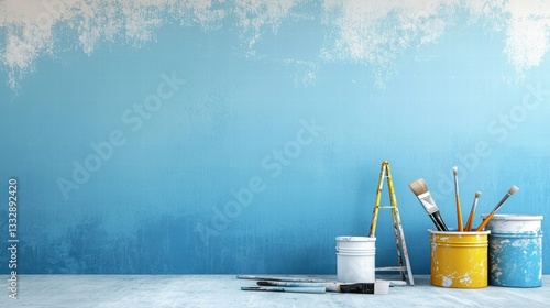 Obraz na płótnie Paint supplies positioned near a striking blue wall. w salonie