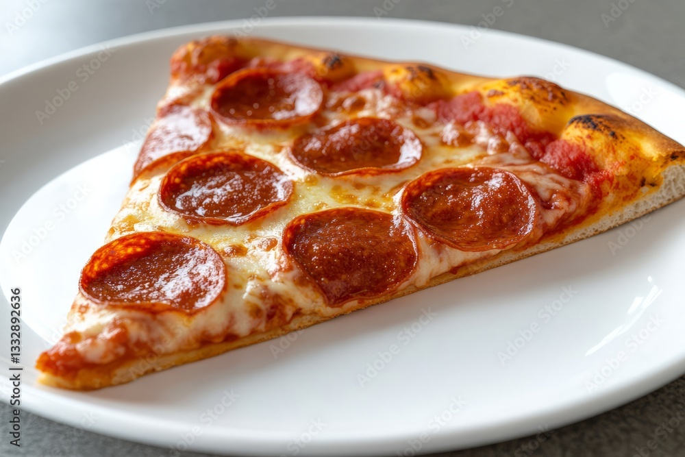 Slice of pepperoni pizza on a white plate, showcasing melted cheese and crispy crust