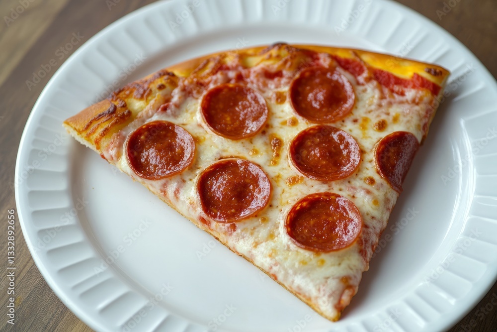 Delicious slice of pepperoni pizza served on a white plate with melted cheese and crispy crust
